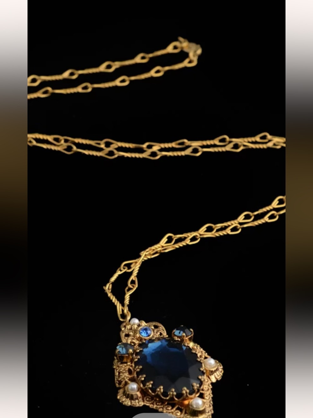 Victorian Style Gold ToneChain Necklace with Sapphire Inspired Blue Pendant